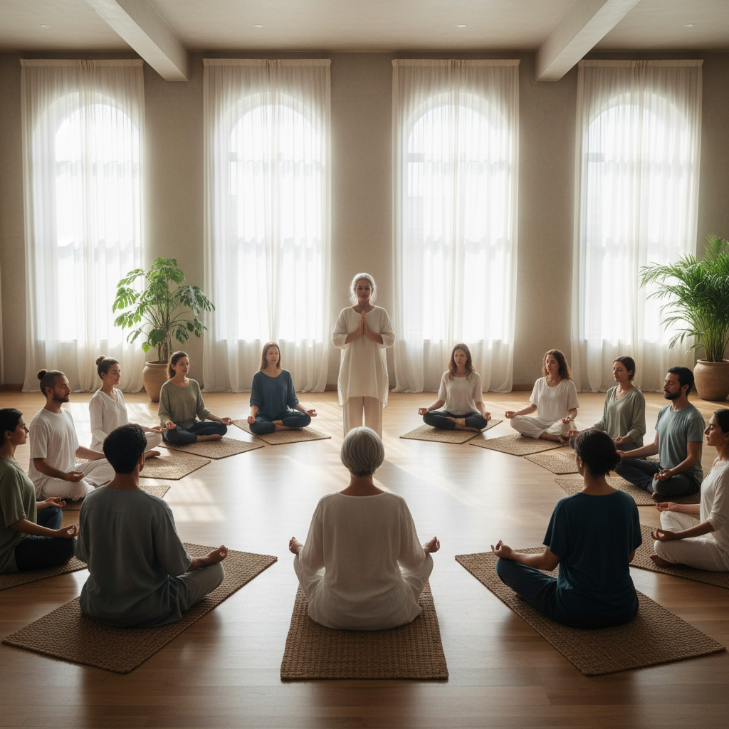Group of people meditating together in peaceful studio with instructor guidance