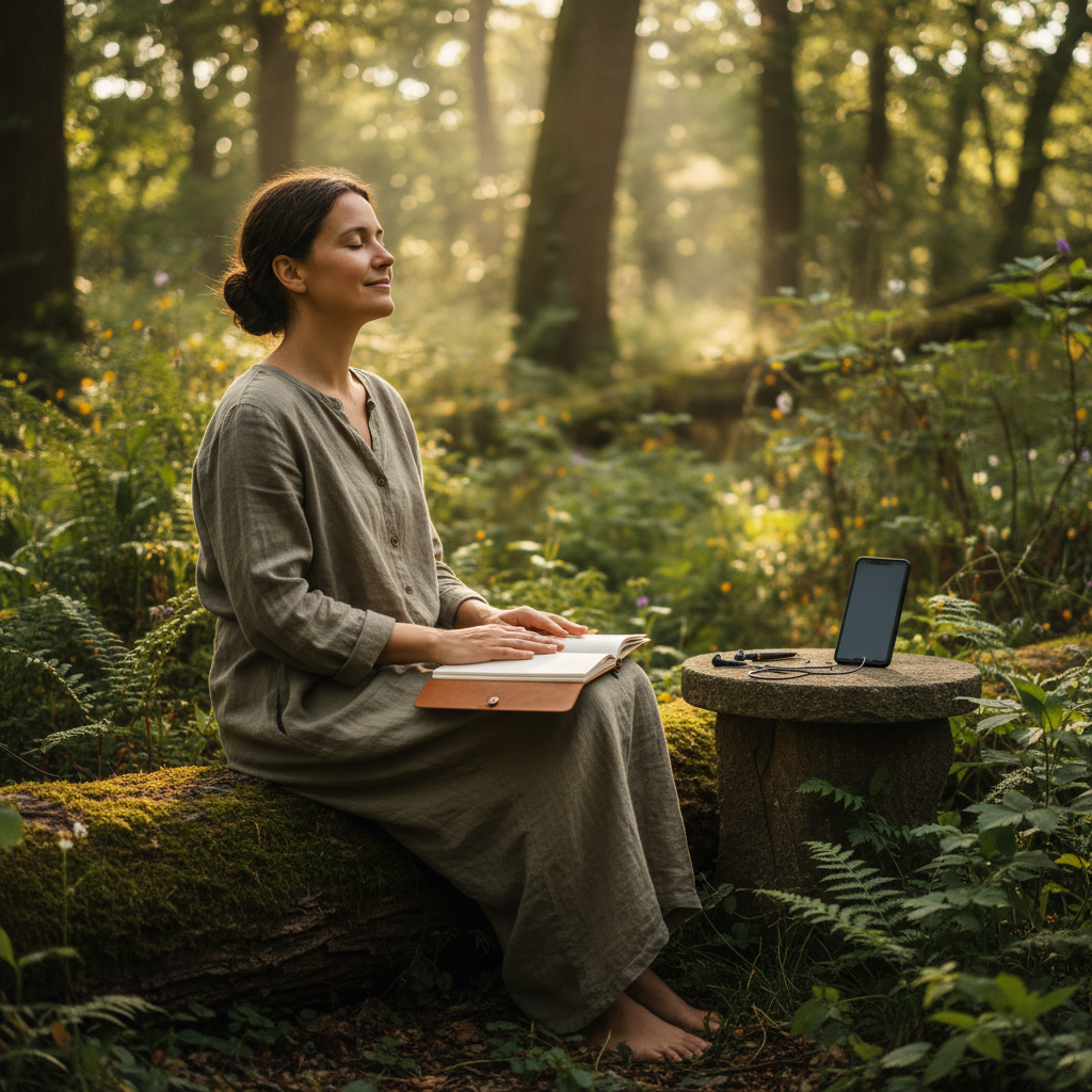 Person practicing mindfulness meditation in serene natural environment